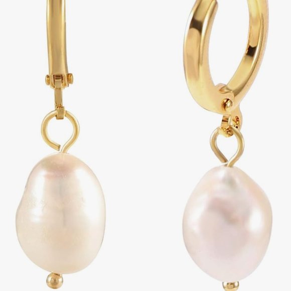 Gold Hoop Earrings with Pearl Drop Dangle - Picture 1 of 11